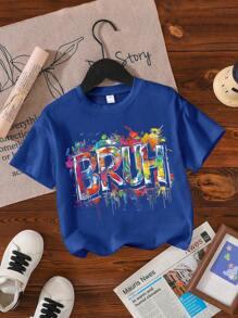 Tween Boy Slogan Print Crew Neck T-Shirts Spring And Summer Boy's Casual Tee Soft Tops - Blue - View 1