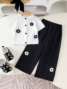 小女孩两件套可爱3D花卉上衣和裤子套装，夏季 - 白色 - 查看 1