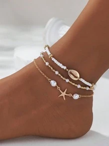 Set de 19/13/7/2 piezas Tobillera vintage bohemia elegante con olas oceánicas, corazones, mariposas, cristales, perlas falsas, conchas y estrellas de mar, de múltiples capas y elástica, para mujeres. Un accesorio perfecto para verano, playa, fiesta, citas y uso diario (estilos surtidos, enviados aleatoriamente)