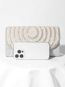 Bolso de mano de noche tipo sobre con decoración de perlas falsas, bolso de novia romántico para boda, bolso de gala con adornos de cristales de lujo para vestido de noche, bolso de mano formal con correa cruzada para fiesta