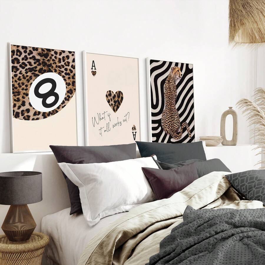 1/3 piezas de arte de pared con impresión en lienzo de estampado de leopardo/guepardo neutro, decoración vintage para dormitorio, sala de estar u oficina, póster chic y contemporáneo, arte de pared de bola 8 de suerte, regalo para ella, sin marco