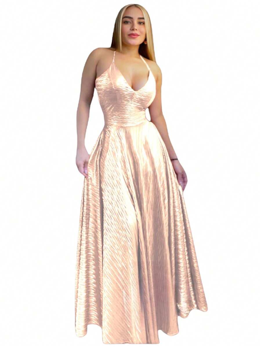 Vestido largo de noche elegante para fiesta de noche con relieve en V ajustable abierto de la espalda de gala - Blanco - Ver 1