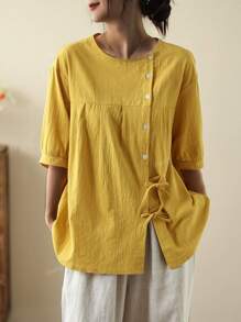 Blusa con botones frontales y lazo sencilla y de un solo color para mujer, camisa casual de algodón con mangas 3/4 para uso diario en verano