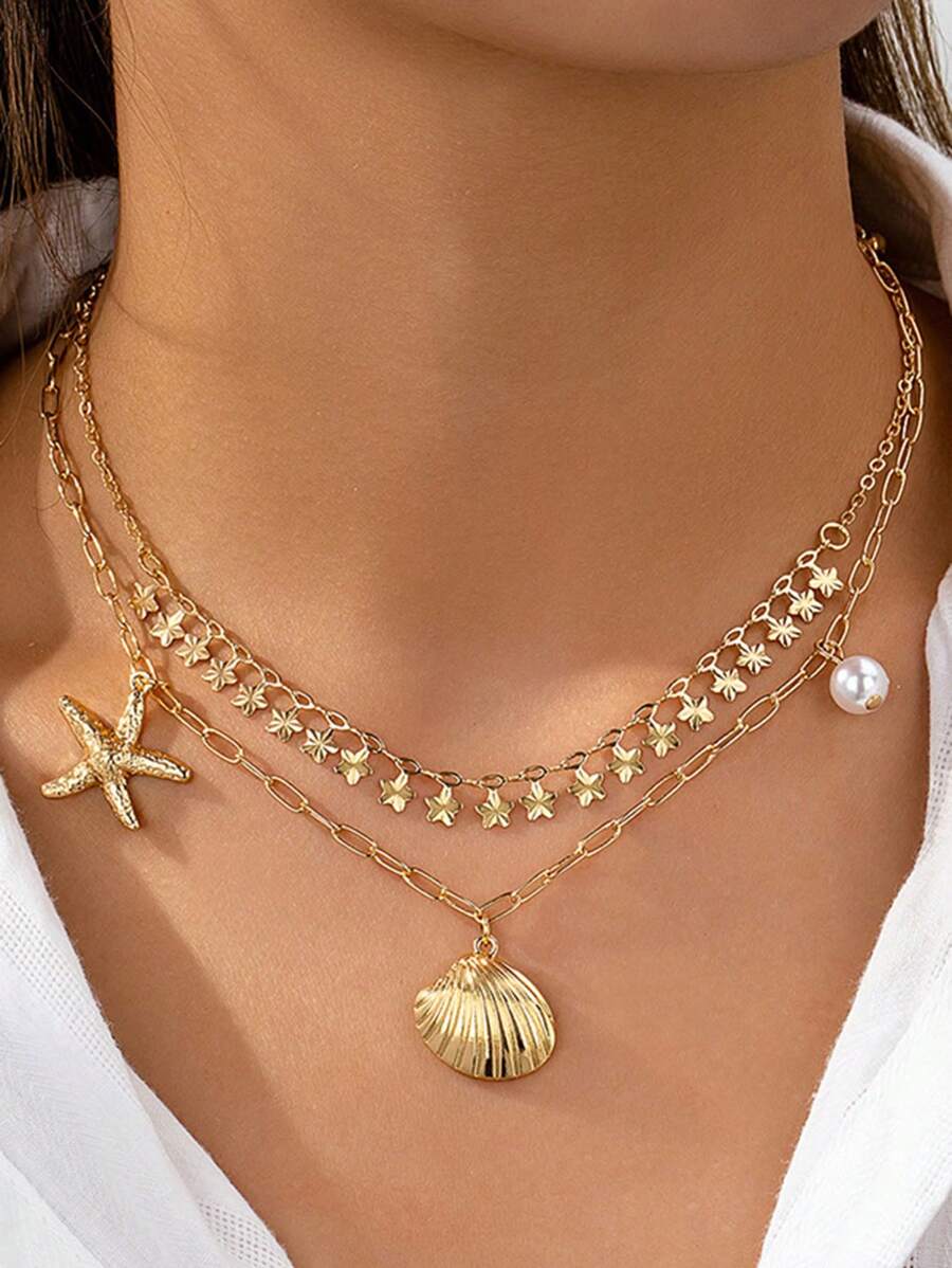 2 件海洋主题金属海星、珍珠和贝壳吊坠项链，女士时尚双层颈链 - 金色 - 查看 1