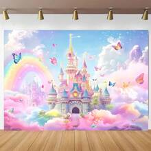 1 Spring Floral Background, Butterfly And Castle Design, Polyester Fiber, Perfect For Teen Showers And Photo Booth Props, Photography Studio Props