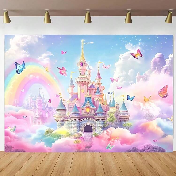 1 Fundo floral de primavera, design de borboleta e castelo, fibra de poliéster, perfeito para chás de bebê e acessórios para cabines de fotos, acessórios para estúdio fotográfico - Multicolorido - Ver 4