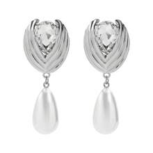 1 Pair Elegant Geometric Metal Rhinestone & Pearl Decorative Pendant Earrings, Suitable For Women's Daily Wear