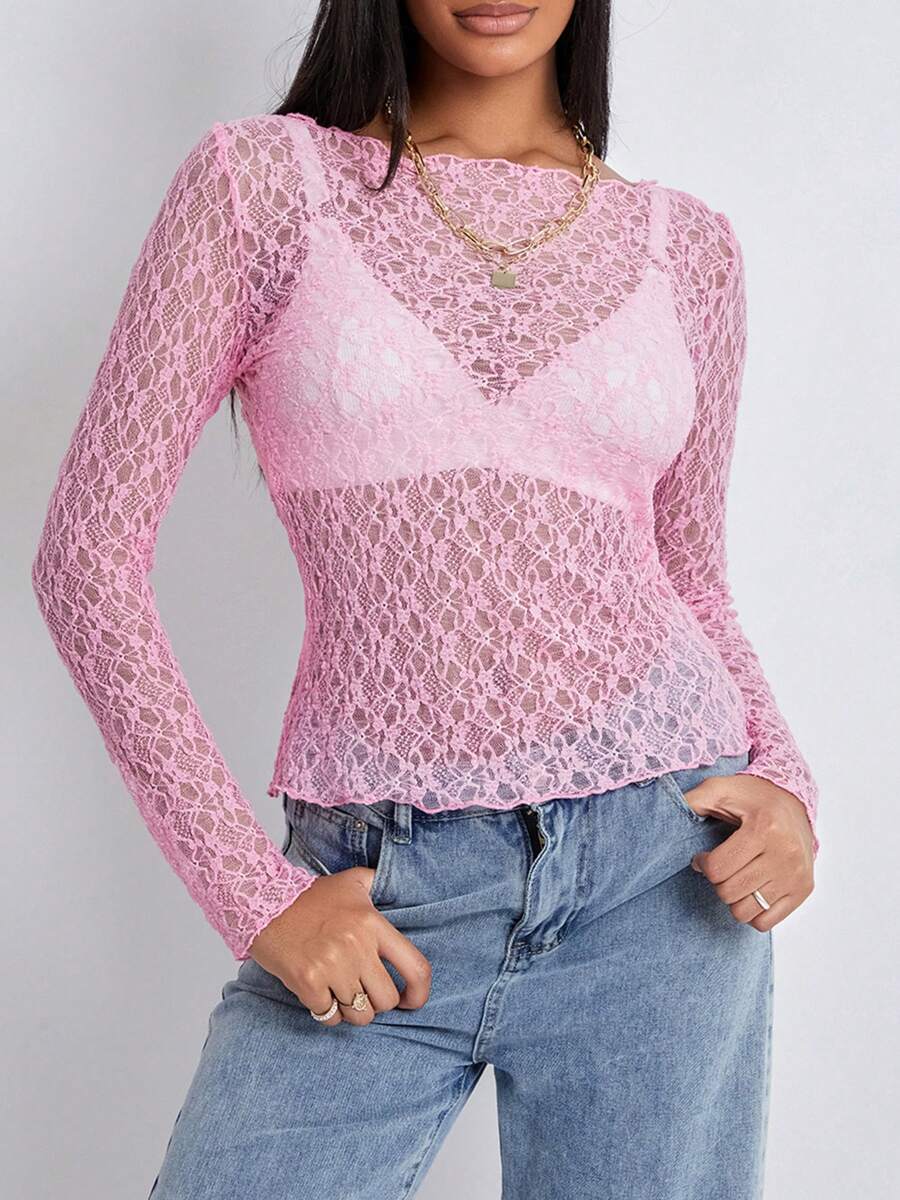 Women's Summer Sheer Crop Tops Long Sleeve Fitted Short Lace Going Out Tops For Party - Pink - View 1