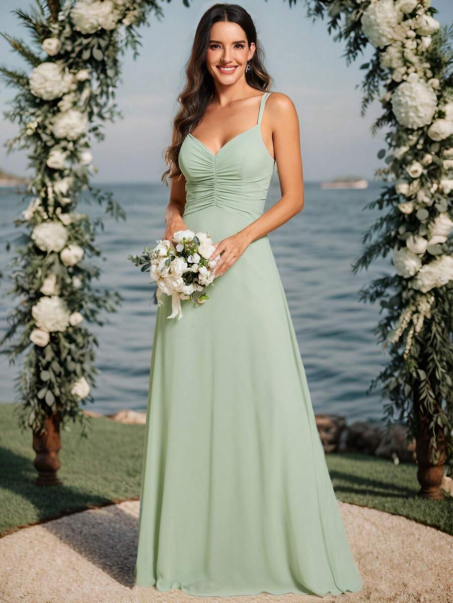 EVERPRETTY V-Neck Pleated Front Bridesmaid Dress - Mint Green - View 1