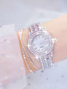 3pcs/Set Fashionable & Elegant Multi-Function Fully Rhinestone Decorated Women's Steel Band Quartz Watch Set, Paired With Rhinestone Jewelry Bracelet, Suitable For Evening Gala, Festivals, Parties, Weddings And Daily Wear, Also Ideal For Back To School, Graduation, Thanksgiving And Other Occasions, Best Gift For Women - Silver - View 4