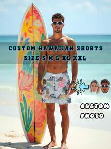 Pantaloncini da spiaggia hawaiani uomo personalizzati con stampa di palme di cocco, con possibilità di aggiungere foto di amanti/coppia, casual, comodi, adatti per qualsiasi avventura estiva, regali di compleanno divertenti, ornamentali, eleganti, alla moda, hipster, sobri, facili da indossare, moda modesta, minimal chic, casual, unici, personalizzati, regali ideali per lui, famiglia, fidanzato, amici, bambini