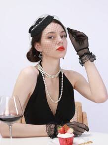 1 Set Bowknot, Faux Pearl & Mesh Bow Decor Elegant Afternoon Tea/Party Accessories, Including Hat, Gloves, Necklace, Suitable For All Seasons - A - View 5