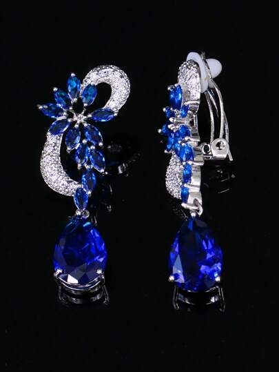 1 par de pendientes colgantes sin agujero para la oreja, diseño simétrico de hoja con circonita cúbica, chapado en plata, accesorios de joyería para bodas, novias, damas de honor, banquetes, concursos de belleza y bailes de graduación para mujeres