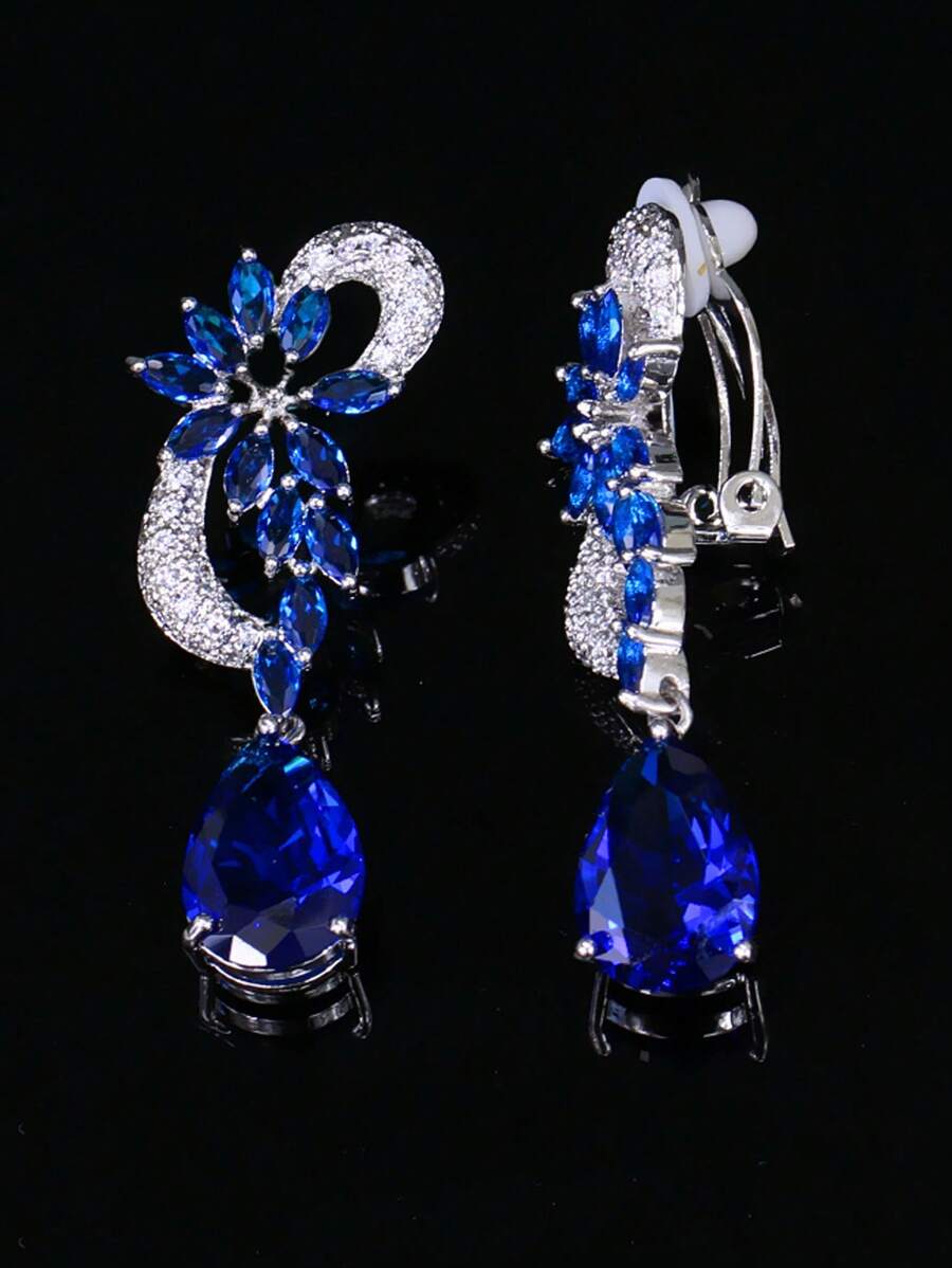 1 Pair Silver Plated Non-Pierced Clip-On Long Drop Earrings With White & Blue Cubic Zirconia Symmetrical Flower & Leaf Zirconia Crystals, Bridal Jewelry For Engagement, Wedding, Banquet, Pageant, Party, Prom For Women Without Pierced Ears