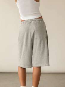 Women Casual Bermuda Shorts Solid Color Knee Length Sport Drawstring Waist Short Pants