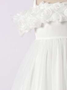 Vihyde 1件女童优雅3D玫瑰花半透明露肩双层薄纱派对礼服，适合婚礼、毕业典礼、生日等场合 - 白色 - 查看 4