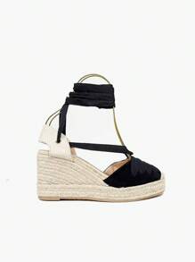 Women's High Wedge Espadrille Sandals With Laces, Summer Espadrille Platform Sandals With Esparto Sole, High Wedge Sandals With Laces - NK526-negra - View 4