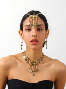 1 set de design de pièce de monnaie vintage arabe comprenant 1 chaîne de tête + 1 collier + 1 paire de boucles d'oreilles, convient aux femmes, cadeau de vacances