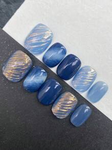 XEERCOOU 10Pcs Short Press On Nails Blue Flash Of Light Gradient Short Office Dailywear False Nails Includes 1Sheet Tabs &1 Pc Mini File Nail Supplies Nails