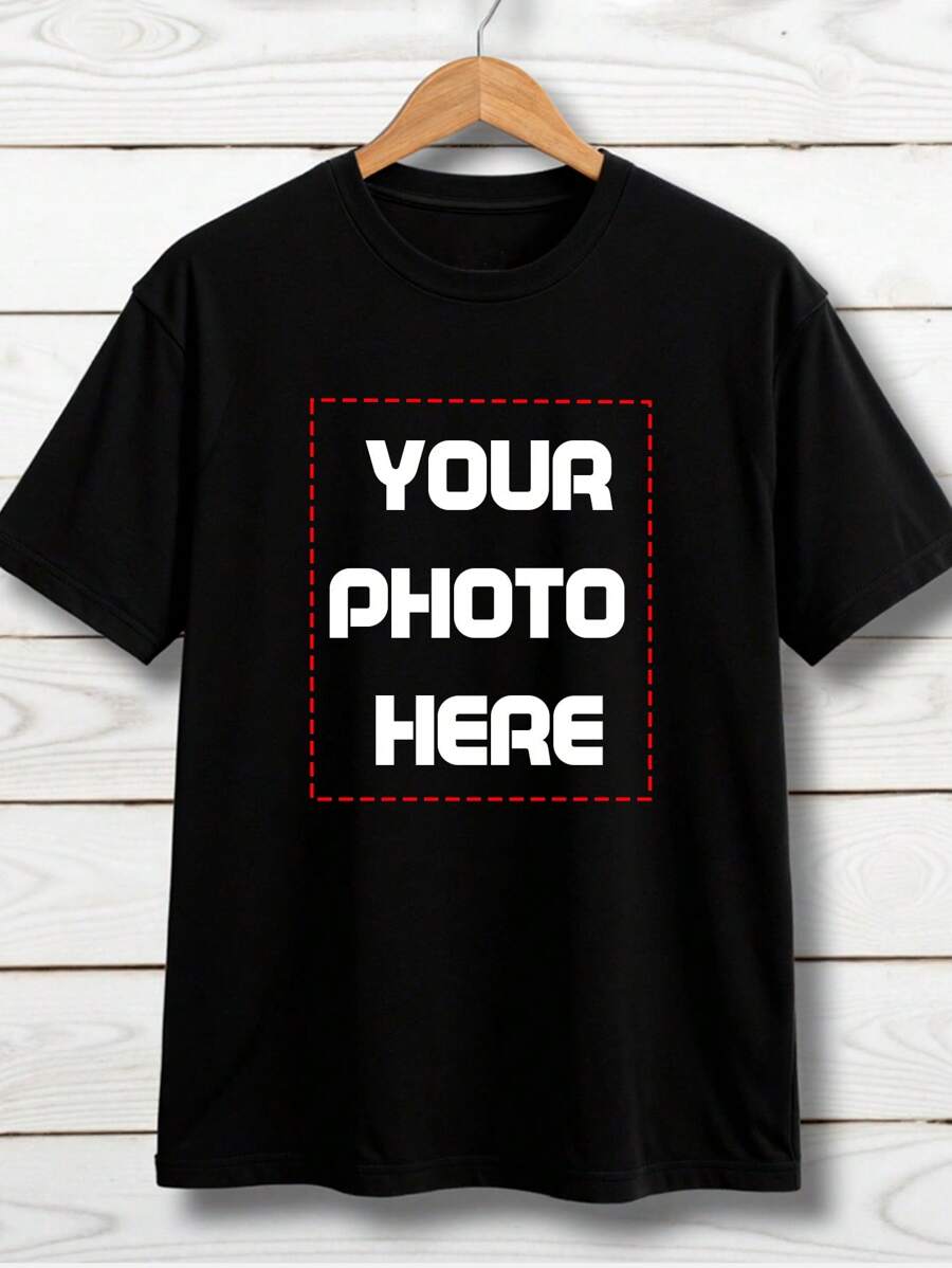 个性化定制男士T恤，定制图案设计，上传您的照片/情侣照/爱人照/宠物照/挚友照，生日/周年纪念日/父亲节/情人节/节日定制照片，春夏男士黑色T恤，男士休闲圆领短袖T恤，节日礼物，周年纪念礼物，舒适透气，恶作剧礼物，惊喜礼物