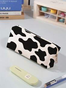 1pc Pink Check Bow Pattern Printed Corduroy Pencil Case, Double-Sided Print Stationery Pouch, Portable Multi-Function Office Supply Pencil Holder Study Storage Bag