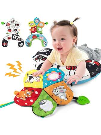 Tummy Time Pillow With 3D Crinkle Mat & Teethers, Black And White High Contrast Baby Toys With Mirror, Sensory Toy For Infant Newborn Toddler Tummy Time Pillow Toys 0-3 3-6 Months Babies Birthday Christmas Gifts,Baby Play Mat,Baby Toys,Play Mat,Playing Mat,Baby Crawling Mat,Crawling Mat