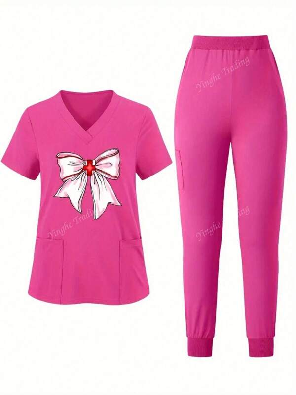 Set di uniforme da infermiera/camice composto da top a maniche corte con stampa a fiocco e pantaloni, per donne