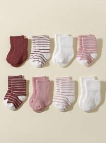 8 Pairs Newborn Baby Socks, Solid Color & Striped Mid-Calf Socks, Suitable For Everyday Wear