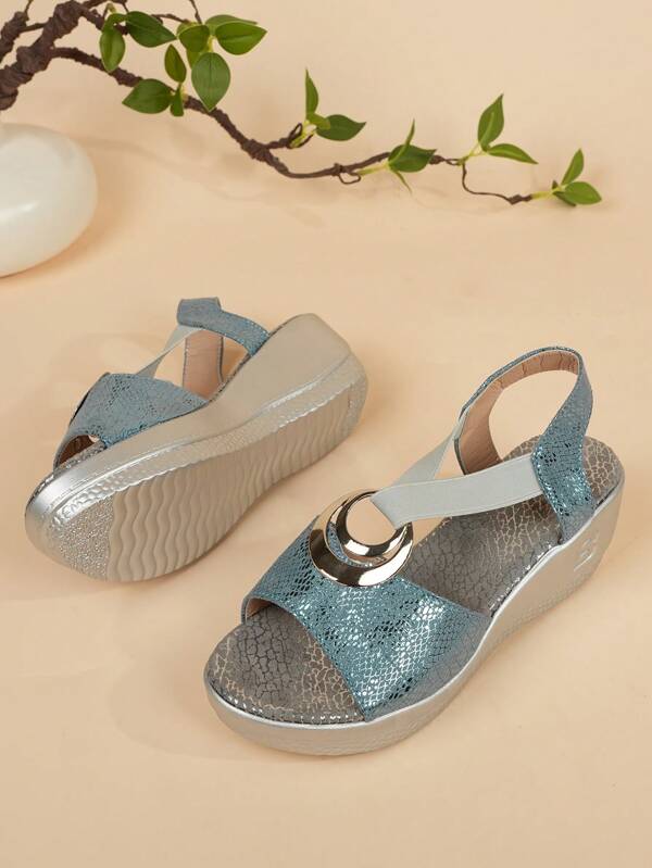 Plus Size Women's Snake Skin Pattern Strap Elastic Buckle Design Thick Platform Wedge Blue Sandals, Fashion Simple Waterproof Thick Sole Campus Style Breathable Beach Holiday Bohemian Thick Bottom Wedge Sandals