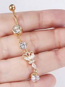 1PC  Rhinestone Butterfly Decor Navel Belly Ring Unisex Stainless Steel Crystal Punk Piercing - A Fashionable Body Jewelry Gift For Any Occasion