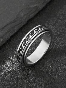 Anxiety Ring 复古浮世绘水波纹不锈钢男士时尚臀部戒指 - 水浪 - 查看 2