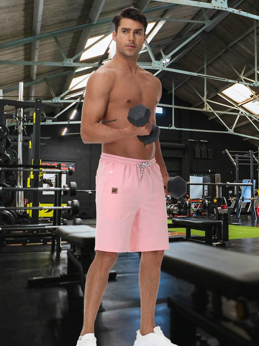 Summer Men's Knit Sport Shorts Casual Drawstring Shorts With Zipper Pockets Elastic Waist - 粉色 - 查看 1