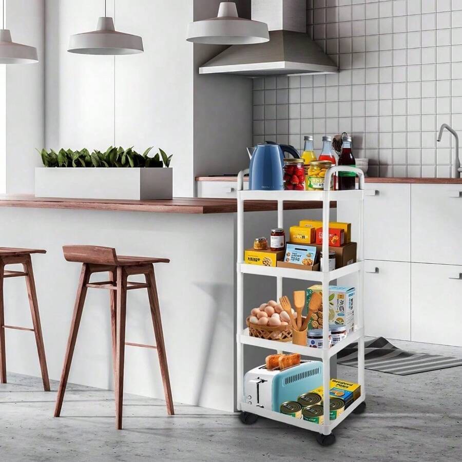 Storage Rack Storage Trolley Cart On Wheels Bathroom Storage With Handle Kitchen Storage Utility Cart Space Rack Space-Saving Mobile Shelving Organizer (White) (3-Tier) - 4-Tier - View 1