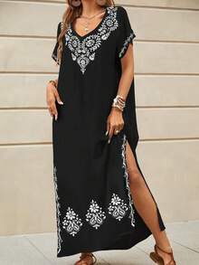 Kaftan Women Long Floral Print Swimsuit Cover Up V-Neck Summer Robe - Black - View 3