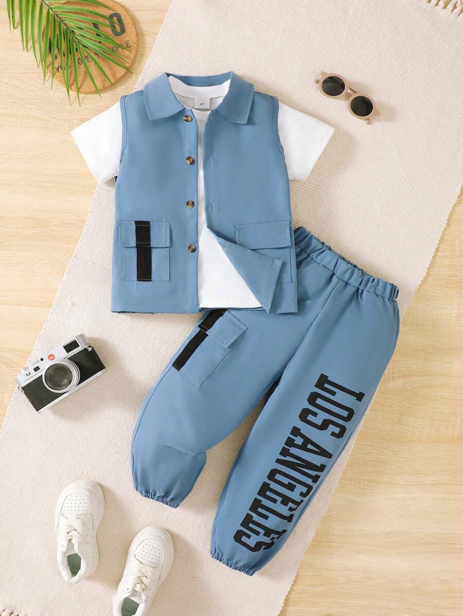 BrownBark Set casual per ragazzi: 3 pezzi con t-shirt a maniche corte tinta unita, giubbotto smanicato da esterno e pantaloni cargo casual, comodo e versatile - Blu - Visualizzare 1
