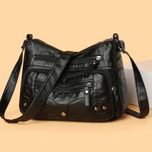 1pc Women Quilted Multi-Layer Outdoor Crossbody Bag With Rivets, Personalized Motocycle Style, Sports Vintage Shoulder Bag With Zipper Pockets For Phone & Coin