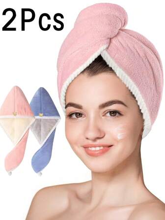 2Packs Microfiber Hair Towel Hair Drying Towels, Hair Towel With Button, Super Absorbent Microfiber Hair Towel For Curly Hair, Fast Drying Hair Wraps For Women Girls, Microfiber Towel For Hair