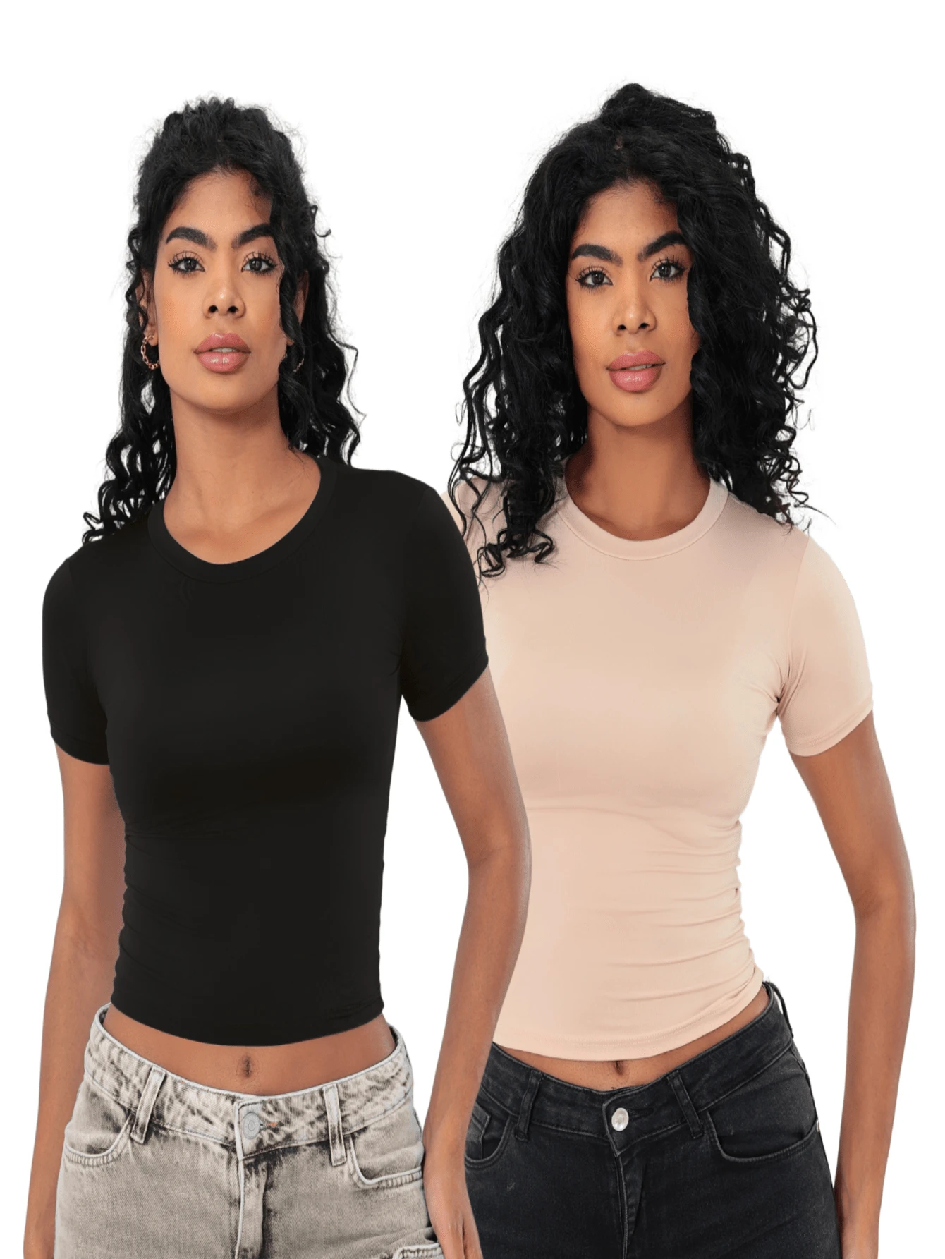 Moderna & Slim KIT 2: Baby Tee Feminina - Blusa Slim Fit Manga Curta - 1 Preto e 1 Nude - Visão 1