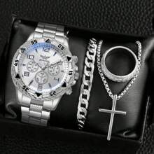 4 件男士手表套装时尚休闲男士大表盘不锈钢石英表免费项链手链戒指 - 4pcs set - 查看 6