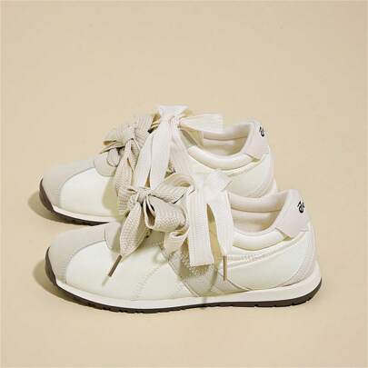 女士时尚运动风格前系带厚底运动鞋，高跟，百搭，轻便，防滑户外低帮休闲鞋