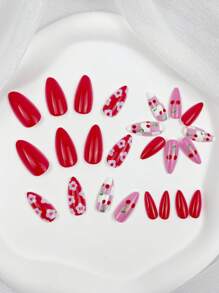 Instantly Upgrade Your Look With,24 Pcs/Set Medium Long Almond Shape Spring And Summer Checkerboard Cherry Red Cute Sweet Glossy Nail Art Patches Full Coverage Fake Nails Art Patches Nail Art Supplies Wearable Nail Set For Office Women, Party, Date And Daily Wear And Party Use Press On Nails