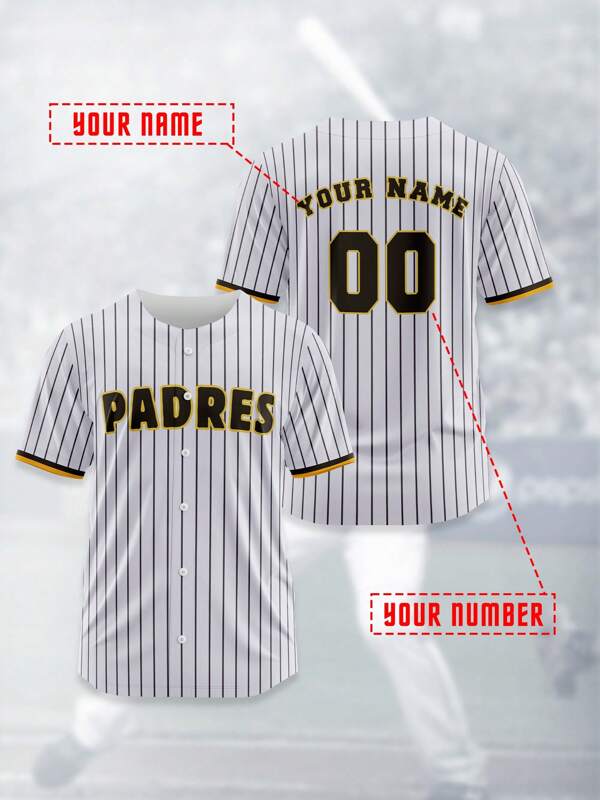 Jersey de béisbol personalizado de los San Diego Padres, ropa deportiva transpirable y de secado rápido de 210g para primavera/verano, parte superior de entrenamiento del equipo/club con nombre, número y logotipo impresos en el frente y la espalda, camiseta casual ajustada cómoda a rayas blancas para fiestas
