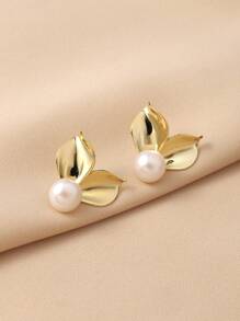 925 纯银首饰仿珍珠耳钉，简约珍珠配饰批发 - 金色 - 查看 4