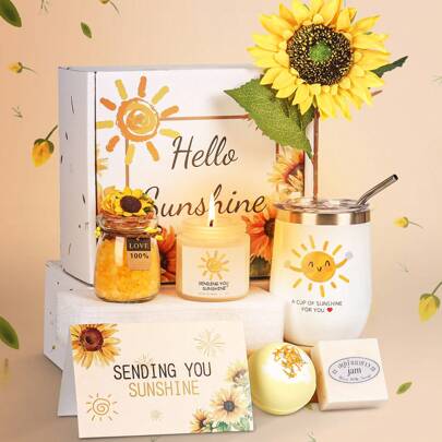 Sunflower Gift Box Set With Greeting Card, Bath Bombs, Artificial Flower, Tumbler, Bath Salt, Scented Candle & Essential Oil Soap, Birthday Present For Her, Self Care Pamper Hamper