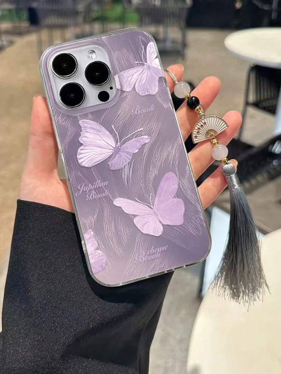 New Gradient PC+TPU Butterfly Pattern Electroplated Anti-Fall Phone Case With Decorative Beaded Tassel Fan Pendant, Compatible With Apple 16/16 Pro/16 Pro Max, Compatible With Redmi, 14 Pro - Multicolor - View 1