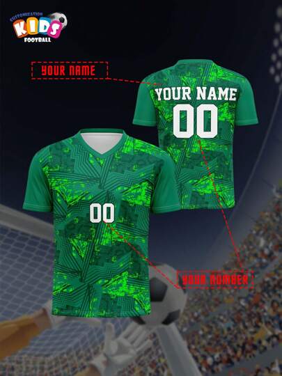 V-Neck Kids' Soccer Jersey Breathable Quick-Dry Shirt, Custom Name & No., Comfortable Fit, Suitable For Sports, Casual, Outdoor, Running, Spring/Summer, Unisex