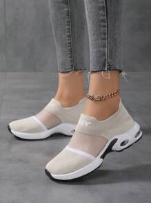 Spring New Thick Sole Lace-Free Gray Women's Shoes Ladies Mesh Hollow Design Breathable Athletic Shoes, Fashion Versatile Casual Sneakers - Grey - View 1