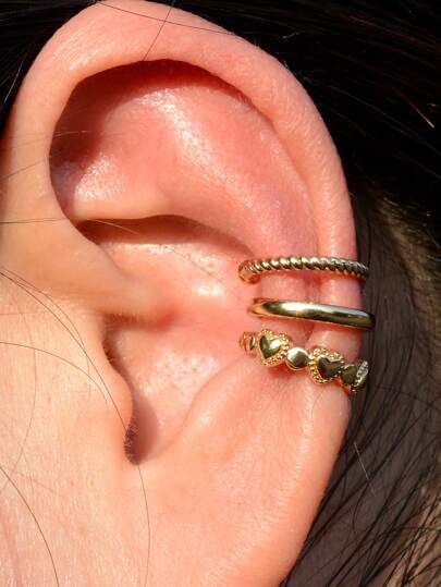 Set de 3 piezas de clips de oreja con forma geométrica de corazón retorcido, aretes de metal sin perforación para mujeres, aretes de cartílago falso ajustables, joyería de moda para fiestas