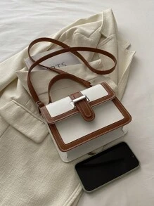 Túi xách nắp gập thời trang mini dành cho nữ, túi đeo chéo vai vuông nhỏ thường ngày, đựng vừa điện thoại và son môi, thiết kế khối màu, túi tote đa năng khi đi làm - màu nâu - Xem 7