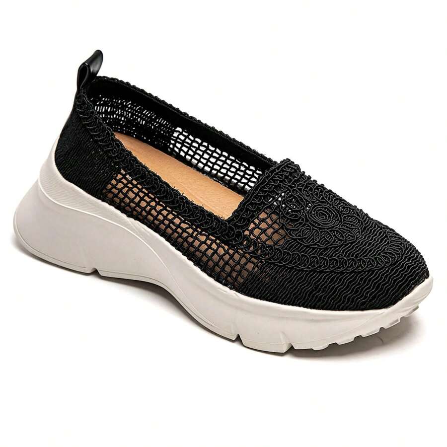 Sneakers Woven Openwork Canvas Loafers With Thick Sole - Black - View 1